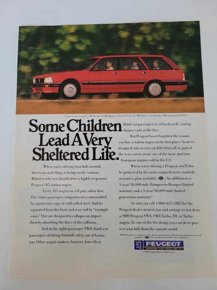 1989 red Peugeot 505DL station wagon car sheltered life vintage ad - Image 1 of 1