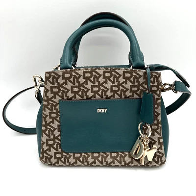 DKNY Paige Satchel Handbag Brown Khaki Logo Turquoise Small Shoulder Bag - Image 1 of 4