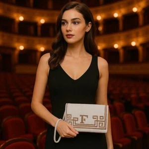 Bolso sin asas vintage Moyna con cuentas patrón geométrico bolso de noche dorado blanco - Imagen 1 de 7
