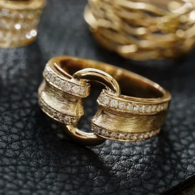 Anillo vintage Italia satinado textura diamante natural banda mujer oro amarillo 14K regalo Foto 1 de 4