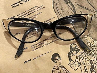 Vintage Harlequin USA Cateye Eyeglass/Sunglass Frames Black / Gold 5 1/2" 1950s - Image 1 of 4