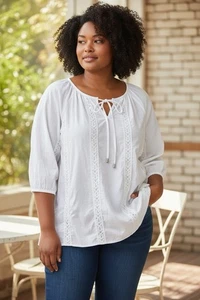 Top tunica Catherines bianco uncinetto pizzo orlo contadino coquette cottagecore taglia 3X - Foto 1 di 11