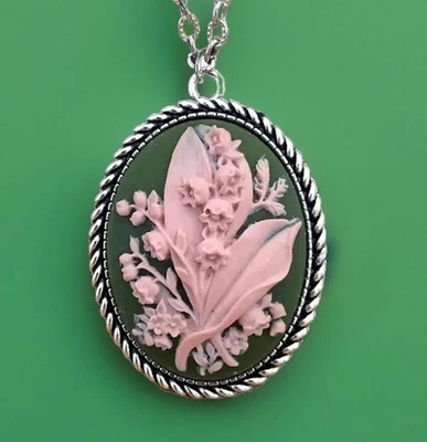 Lily of the Valley Flower Necklace, Vintage Pendant, Pink on Green Cameo, Silver - Image 1 of 4