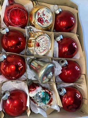 Vintage Poland Mercury Glass Christmas Ornaments Santa, Indents, Bell Mixed Set - Image 1 of 4