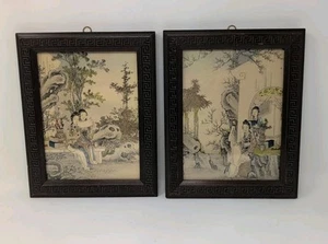Antique Set 2 Greek Key Framed Asian Geishas In Nature Lithograph Painting 1920s - Picture 1 of 10