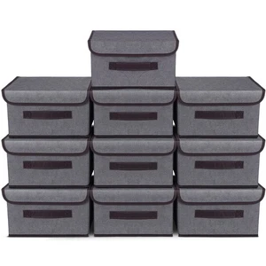 10 Pcs Gray Fabric Storage Bins with Lids Foldable Boxes Decorative Container... - Picture 1 of 7