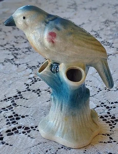 Vintage 3 Hole Flower Bud Vase Bird Blue White 5" MCM Ceramic Figurine Japan - Bild 1 von 9