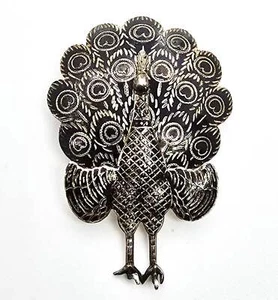 Siam peacock articulated bird nielloware black sterling silver vintage brooch - Picture 1 of 7