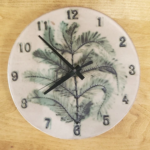 Unique Pottery 9" Round WALL CLOCK Stamped w/Numbers and Pine Branch/Signed Cover