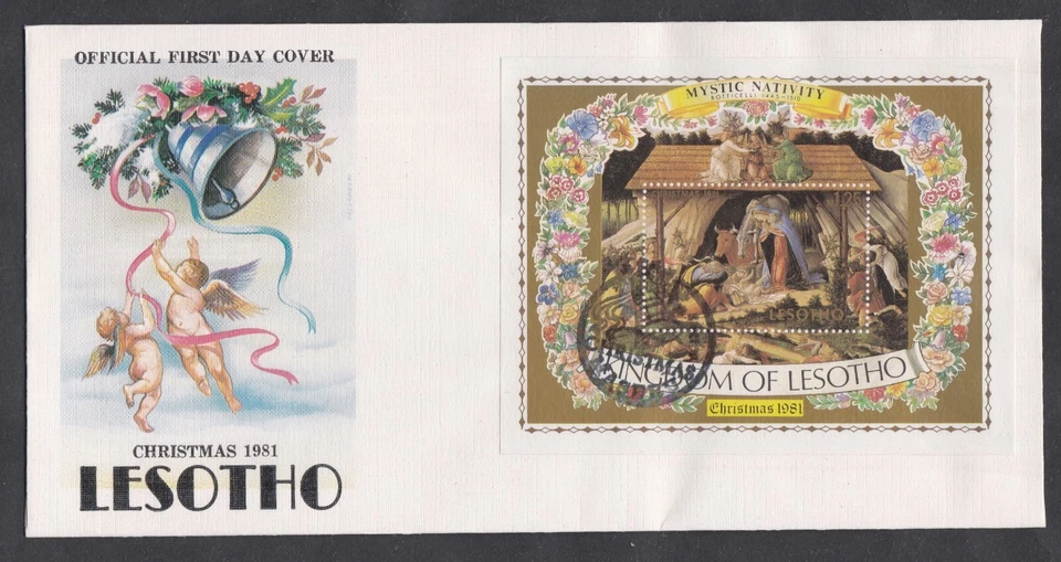 LESOTHO 1981 FDC ARTE NAVIDAD PINTURA BELÉN MÍSTICO POR BOTTCELLI + CACHÉ Foto 1 de 2