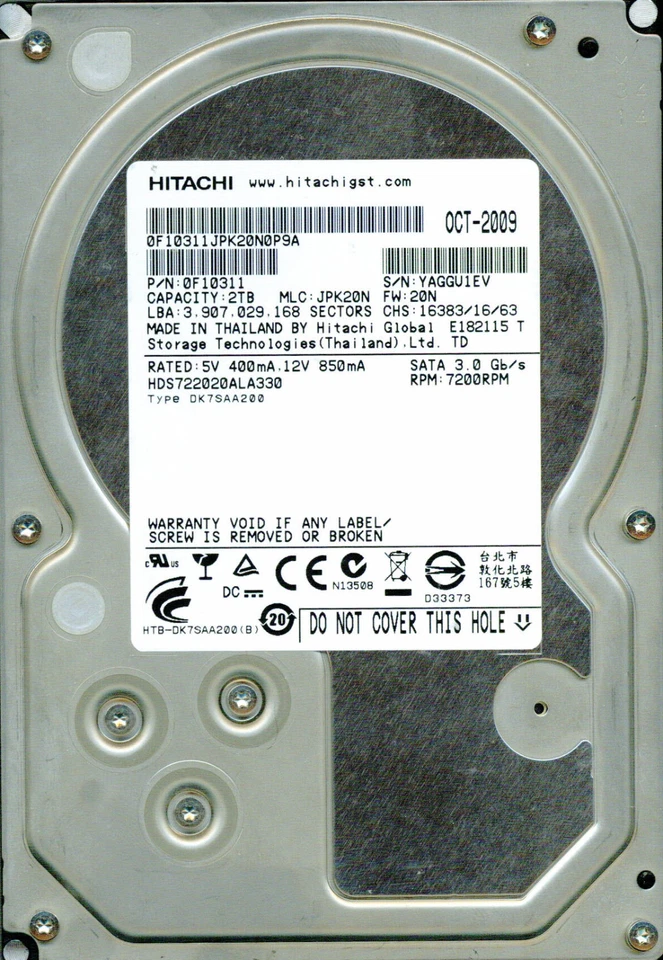 HDS722020ALA330,  0F10311,  JPK20N,  HITACHI SATA 2TB OCT 2009 - Image 1 of 1