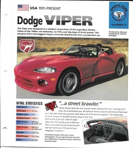Sports Cars folder 1991-1998 DODGE VIPER SPEC SHEET fact card Hot Cars brochure - Picture 1 of 3