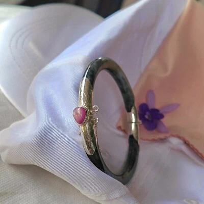 Burmese Hinged Jade Bangle Silver Cover Decorated with Real Ruby Natural 58.2 mm - Image 1 of 4