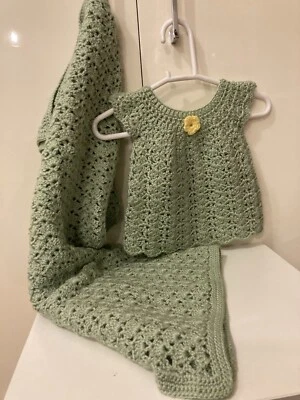 Handmade Newborn New Baby Girl Green Blanket And Dress Gift Set - Image 1 of 4