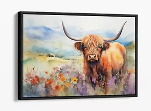 WATERCOLOUR HIGHLAND COW FLOWERS -DEEP FLOAT EFFECT FRAMED CANVAS WALL ART PRINT - Picture 1 of 12