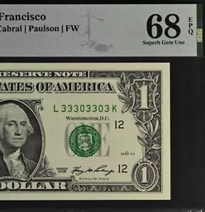 2006 $1 Federal Reserve Note PMG 68EPQ Top Pop Fancy Serial Number 33303303 - Picture 1 of 4