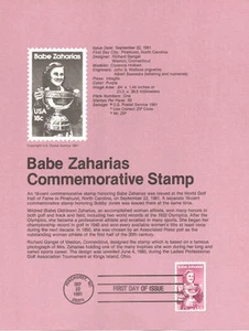 #8124 18c Babe Zaharias Stamp - Scott #1932 USPS Souvenir Page - Picture 1 of 1