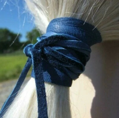 Ponytail Holder Tie Leather Hair Wrap Cuff Bohemian Clothing Black Brown Blue - Image 1 of 4