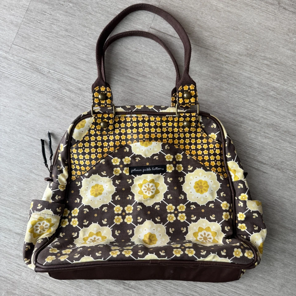 PETUNIA PICKLE BOTTOM 'Sashay Satchel' Fabric Backpack Diaper Bag Yellow Floral - Image 1 of 4