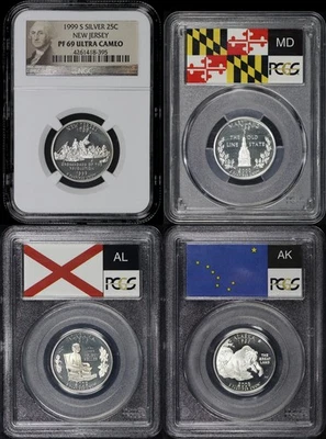 1999-2008 NJ, AK, AL, & MD Silver State Quarter 4 Coin Set PCGS/NGC PF-69 UC - Image 1 of 2
