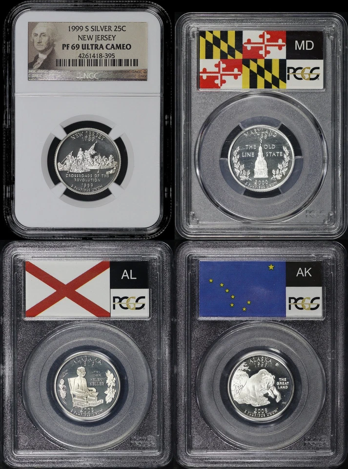 1999-2008 NJ, AK, AL, & MD Silver State Quarter 4 Coin Set PCGS/NGC PF-69 UC - Image 1 of 2