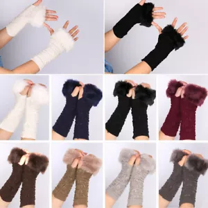 Women Knit Arm Warmers Long Fingerless Gloves Cable Sleeve Winter Furry Mitten ♢ - Bild 1 von 20