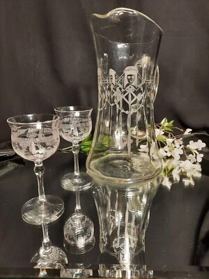 Jarra de vidrio grabada a la cara Art Deco vintage/antigua c.1925 + 2 vasos cordiales Foto 1 de 4