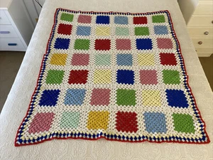 Handmade Crochet Acrylic Granny Squares Small Afghan Blanket 125 cm x 115 cm - Picture 1 of 10