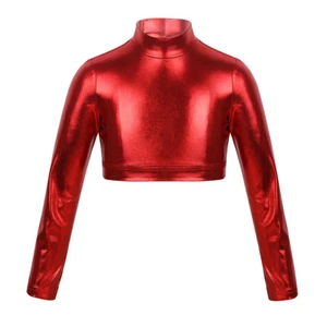 Girls Turtleneck Metallic Crop Top Dance Sport T-Shirt Stage Performance Costume - Picture 1 of 70