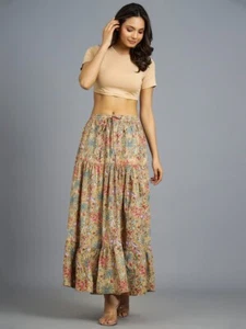 Womens Long Flaired Cotton Skirt Beige Color Boho Maxi Bottoms Elastic Waist - Picture 1 of 8