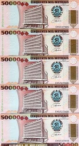 LOT Mozambique,  5 x 50000 (50,000) meticais, 1993, P-138, UNC - Picture 1 of 1