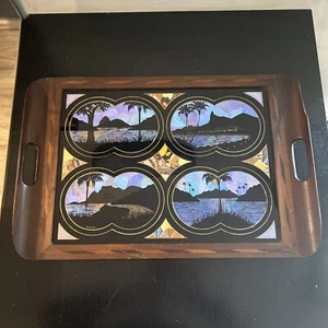 LBC V1/ BEAU PLATEAU ANCIEN BOIS VERRE DÉCOR IRISÉ MARQUETERIE BRASIL RIO 51CM - Picture 1 of 9