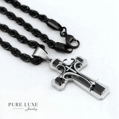Men's 24" Black,Stainless-Steel.Rope Necklace*CROSS.Onyx 69mm Pendant*BOX - Image 1 of 4
