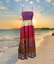 Women Handmade Party Evening Dress, Sari Silk Maxi Dress, Red Purple Summer S/M