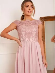 Chi Chi London Embroidery Lace Occasion Party Skater Midi Sleeve Dress 8 Pink - Picture 1 of 2