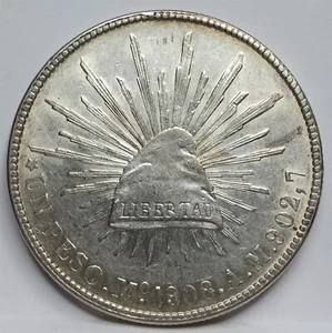 MEXICO Republic 1 Peso1908 Mo AM XF AU Silver Crown Liberty Reales Eagle #D01 - Picture 1 of 6