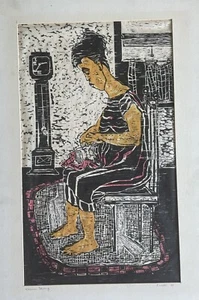 Pietro Finelli Woodcut 1958 Woman Sewing Italian Mid Century - Picture 1 of 6
