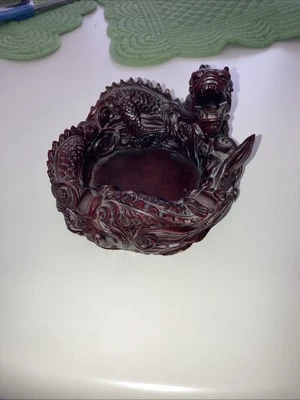 Cuenco pequeño de bestia dragón tallada en madera china vintage de 4"" Foto 1 de 4