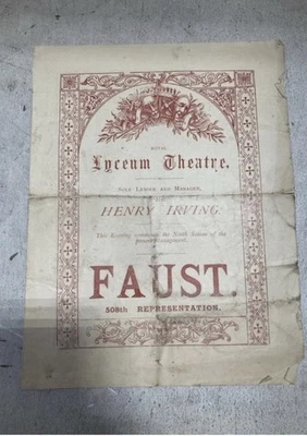 Rare 1888 Theatre Programe Faust At Lyceum Theatre Henry Irving And Ellen Terry - Image 1 of 4