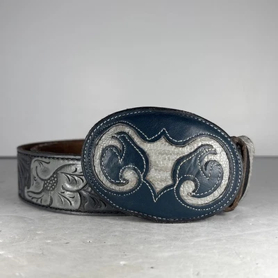 Cinturón floral texturizado vintage Tony Lama azul y gris con hebilla de toro Foto 1 de 4