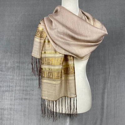 Vintage Womens Silk Blend Wrap Scarf Gold Champagne 19x36 Embroidered Fringe - Image 1 of 4