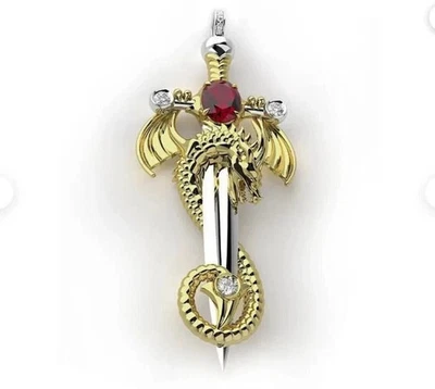 14K Yellow Gold Plated 1.00 Ct Round Lab-Created Ruby Dragon Pendant Christmas - Image 1 of 4