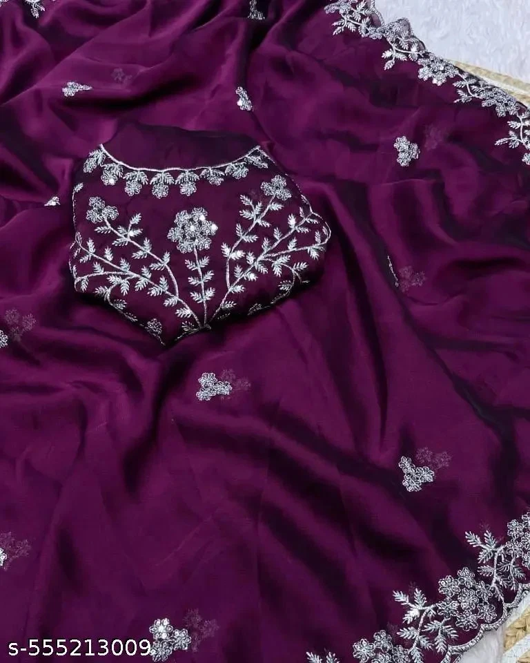 Mujer Chinon Sari con Hilo Blanco Lentejuelas Bordado y Blusa Foto 1 de 1