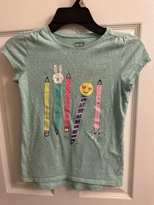 Camiseta Jumping Beans Niñas Manga Corta Talla 8 Verde Azulado Aqua Escuela Conejito Lápiz Foto 1 de 4