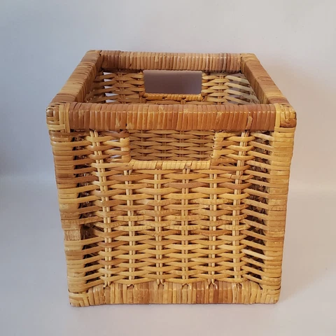 Vintage Ikea Wicker Basket Cube 9 x 9 in Storage Container Woven Brown Wood Box Cover