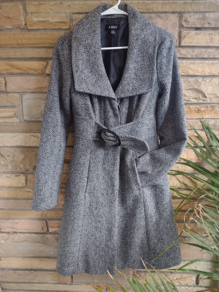 Abrigo largo medio gris tweed mezcla lana vintage con cinturón para mujer talla S Foto 1 de 4