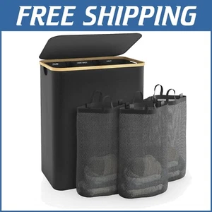 160L Extra Large 3-Compartment Clothes Organizer with Lid - Modern Black Hamper - Picture 1 of 9