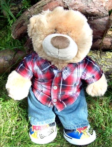 Build Bear Work Shop Bear Brown stripy Pattered Shirt Jeans shoes soft toy Teddy - Picture 1 of 2