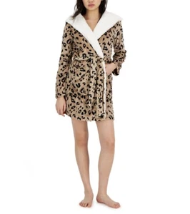Jenni Women's Printed Short Sherpa Hooded Robe Space Leopard Black - Picture 1 of 9