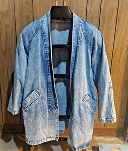 womans vintage 80s acid wash denim jacket duster medium blue shoulder pads - Bild 1 von 9